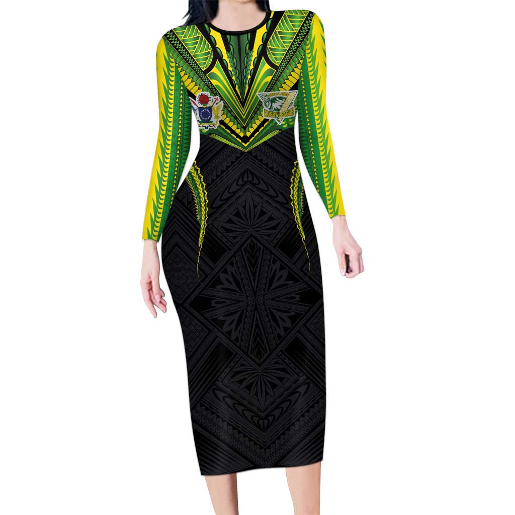 Custom Cook Islands Rugby Family Matching Long Sleeve Bodycon Dress and Hawaiian Shirt Tatau Art Sport Style Black Color LT03 Mom's Dress Black - Polynesian Pride