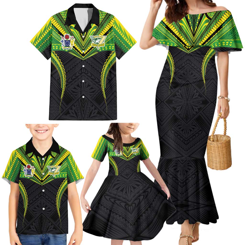 Custom Cook Islands Rugby Family Matching Mermaid Dress and Hawaiian Shirt Tatau Art Sport Style Black Color LT03 - Polynesian Pride