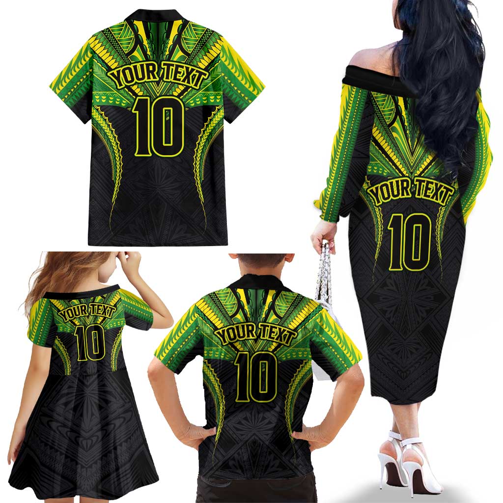 Custom Cook Islands Rugby Family Matching Off The Shoulder Long Sleeve Dress and Hawaiian Shirt Tatau Art Sport Style Black Color LT03 - Polynesian Pride