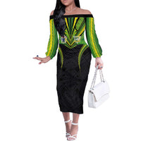 Custom Cook Islands Rugby Family Matching Off The Shoulder Long Sleeve Dress and Hawaiian Shirt Tatau Art Sport Style Black Color LT03 Mom's Dress Black - Polynesian Pride
