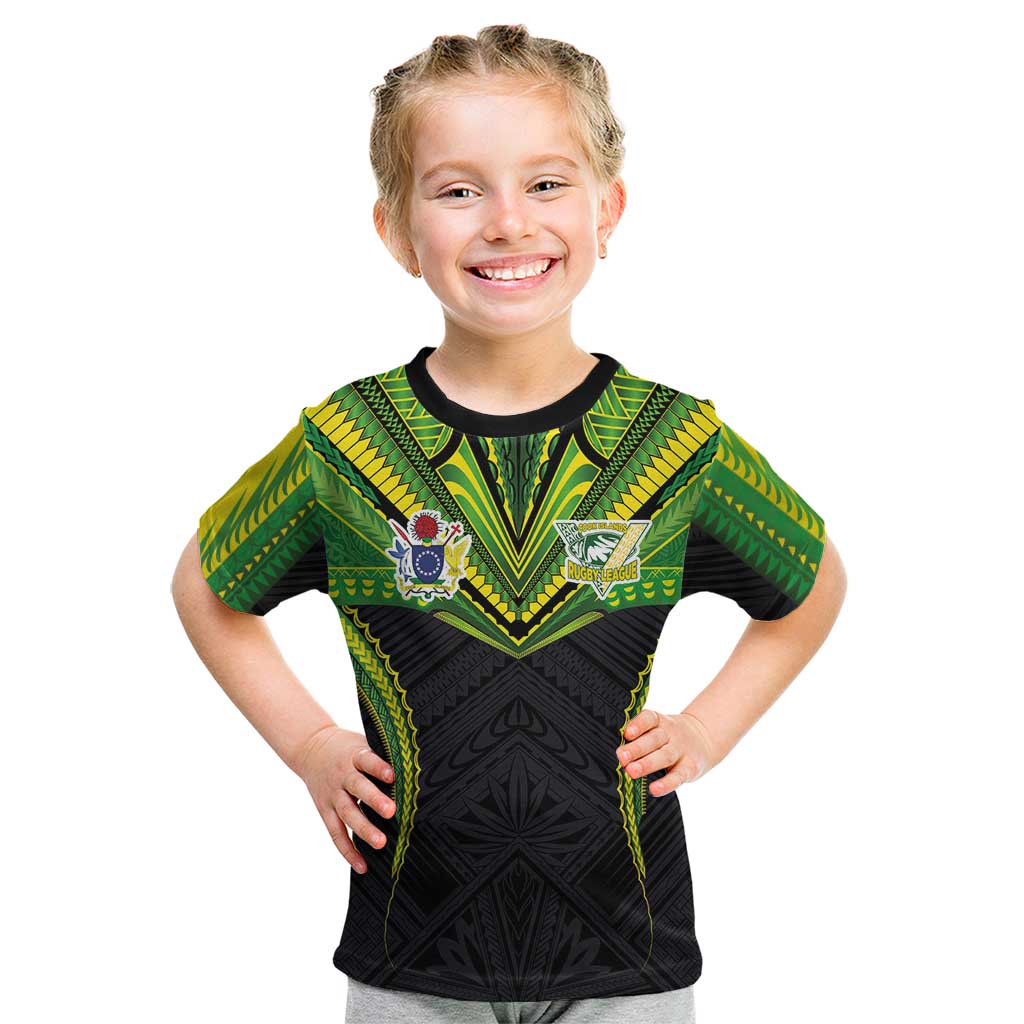 Custom Cook Islands Rugby Kid T Shirt Tatau Art Sport Style Black Color