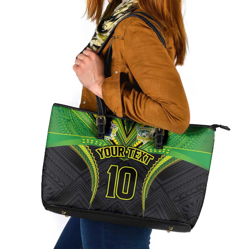 Custom Cook Islands Rugby Leather Tote Bag Tatau Art Sport Style Black Color