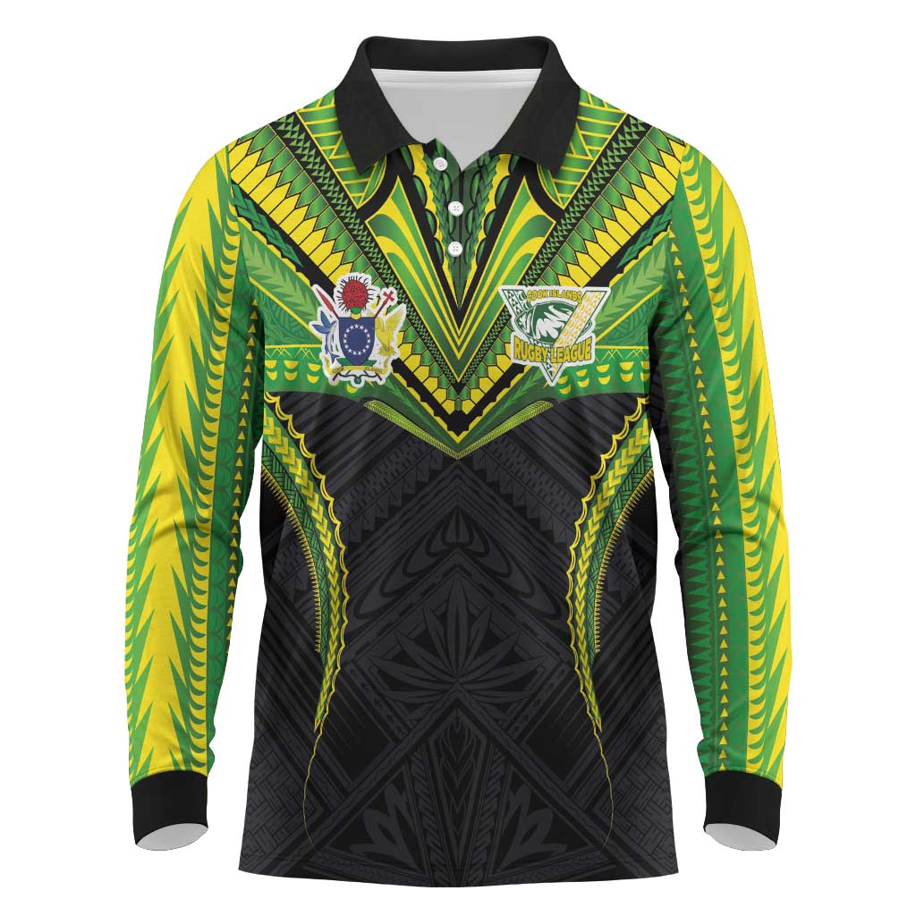 Custom Cook Islands Rugby Long Sleeve Polo Shirt Tatau Art Sport Style Black Color