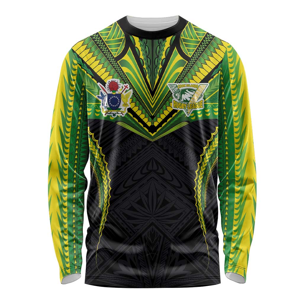 Custom Cook Islands Rugby Long Sleeve Shirt Tatau Art Sport Style Black Color