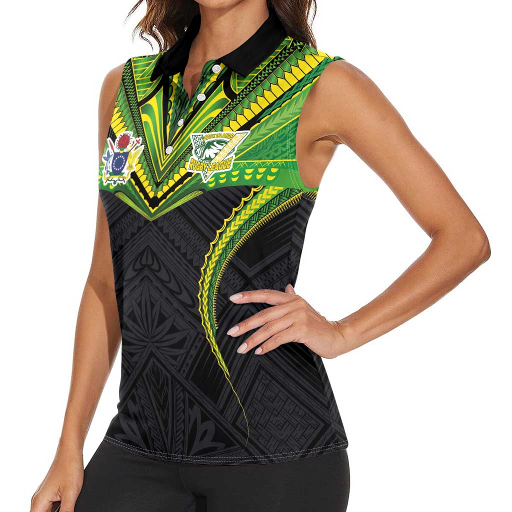 Custom Cook Islands Rugby Women Sleeveless Polo Shirt Tatau Art Sport Style Black Color LT03 - Polynesian Pride