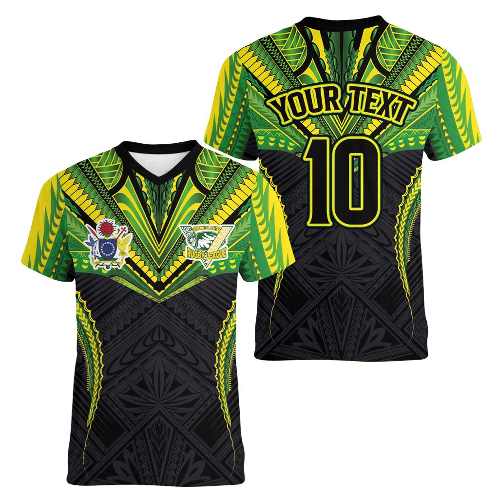 Custom Cook Islands Rugby Women V-Neck T-Shirt Tatau Art Sport Style Black Color LT03 - Polynesian Pride