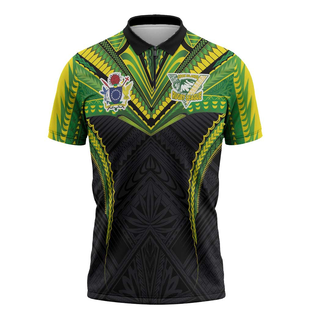 Custom Cook Islands Rugby Zipper Polo Shirt Tatau Art Sport Style Black Color