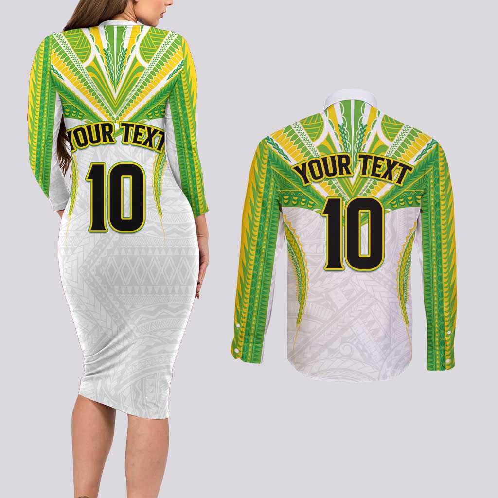 Custom Cook Islands Rugby Couples Matching Long Sleeve Bodycon Dress and Long Sleeve Button Shirt Tatau Art Sport Style White Color LT03 - Polynesian Pride