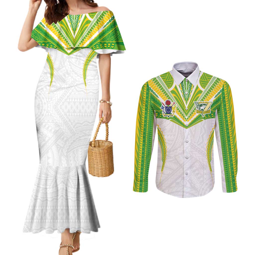 Custom Cook Islands Rugby Couples Matching Mermaid Dress and Long Sleeve Button Shirt Tatau Art Sport Style White Color LT03 White - Polynesian Pride