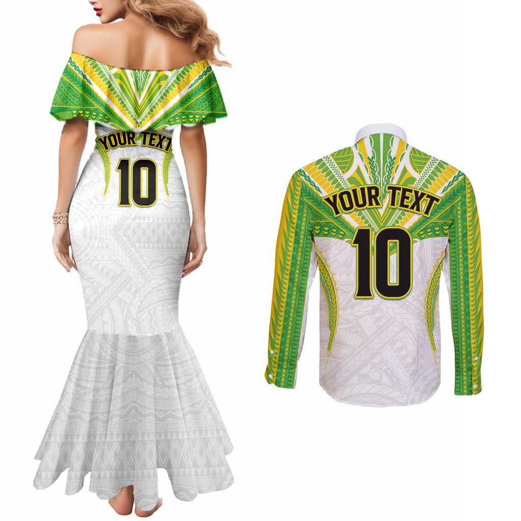 Custom Cook Islands Rugby Couples Matching Mermaid Dress and Long Sleeve Button Shirt Tatau Art Sport Style White Color LT03 - Polynesian Pride