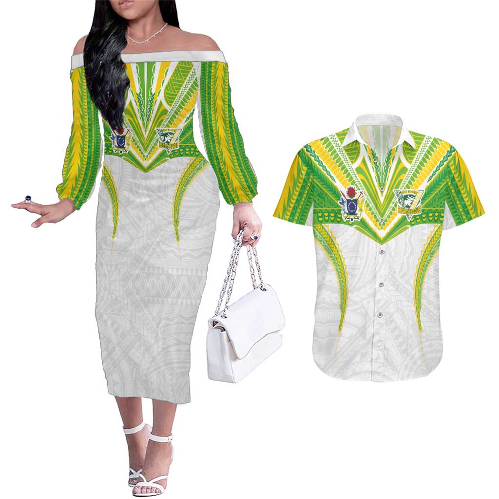 Custom Cook Islands Rugby Couples Matching Off The Shoulder Long Sleeve Dress and Hawaiian Shirt Tatau Art Sport Style White Color LT03 White - Polynesian Pride