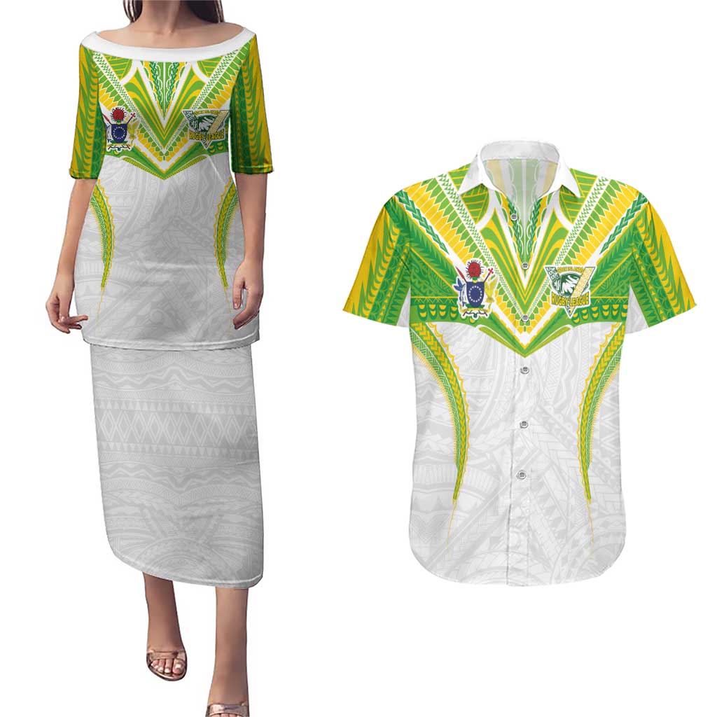 Custom Cook Islands Rugby Couples Matching Puletasi and Hawaiian Shirt Tatau Art Sport Style White Color