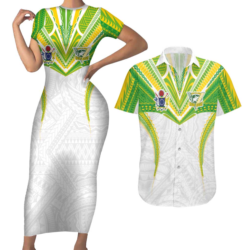Custom Cook Islands Rugby Couples Matching Short Sleeve Bodycon Dress and Hawaiian Shirt Tatau Art Sport Style White Color