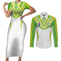 Custom Cook Islands Rugby Couples Matching Short Sleeve Bodycon Dress and Long Sleeve Button Shirt Tatau Art Sport Style White Color LT03 White - Polynesian Pride