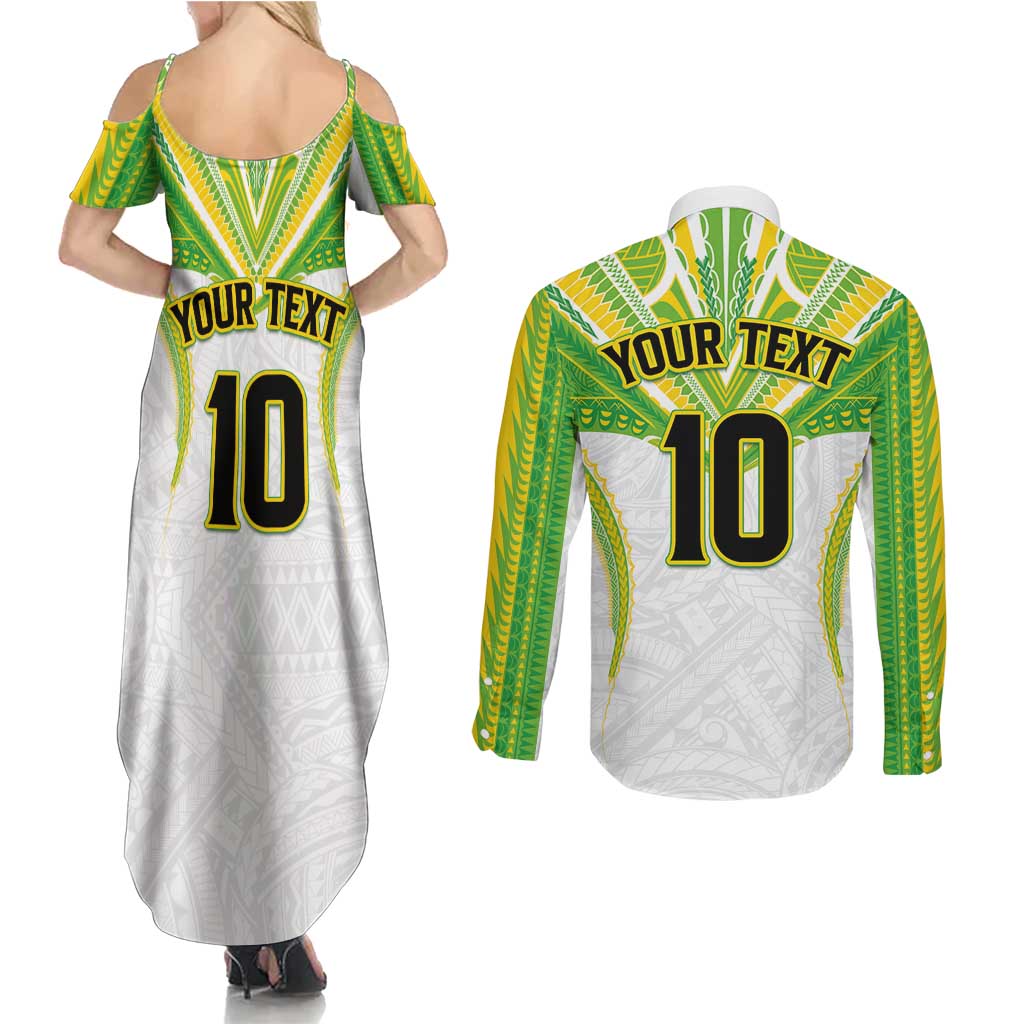 Custom Cook Islands Rugby Couples Matching Summer Maxi Dress and Long Sleeve Button Shirt Tatau Art Sport Style White Color