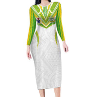 Custom Cook Islands Rugby Family Matching Long Sleeve Bodycon Dress and Hawaiian Shirt Tatau Art Sport Style White Color LT03 Mom's Dress White - Polynesian Pride