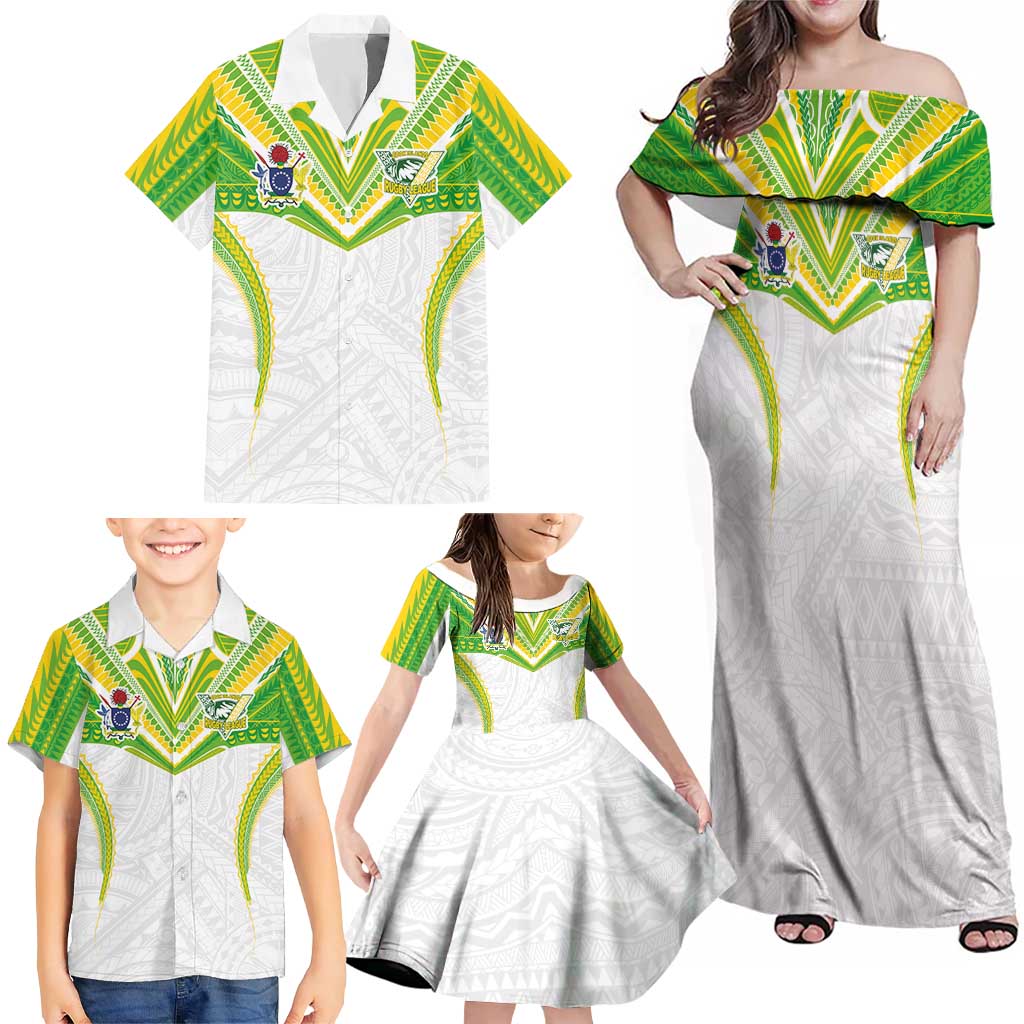 Custom Cook Islands Rugby Family Matching Off Shoulder Maxi Dress and Hawaiian Shirt Tatau Art Sport Style White Color LT03 - Polynesian Pride
