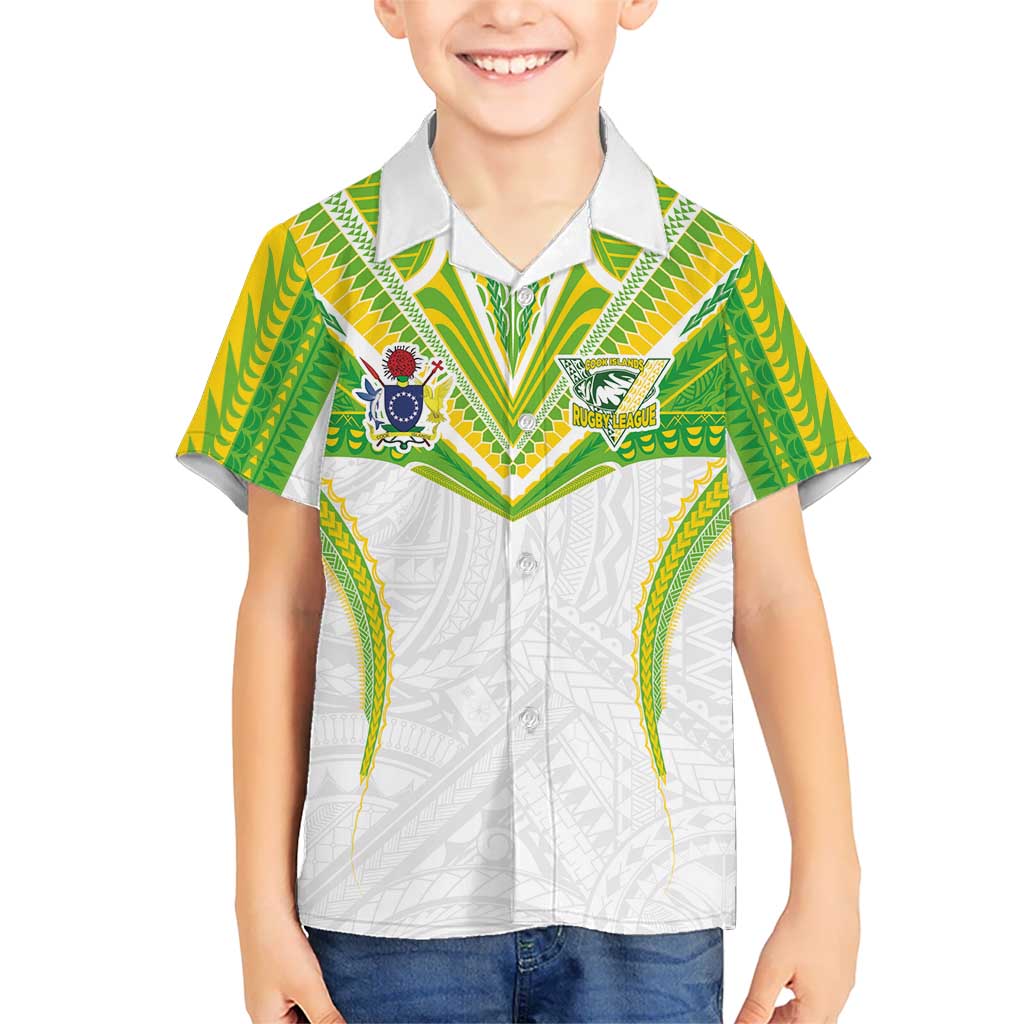 Custom Cook Islands Rugby Family Matching Off Shoulder Short Dress and Hawaiian Shirt Tatau Art Sport Style White Color LT03 Son's Shirt White - Polynesian Pride