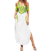 Custom Cook Islands Rugby Family Matching Summer Maxi Dress and Hawaiian Shirt Tatau Art Sport Style White Color LT03 Mom's Dress White - Polynesian Pride