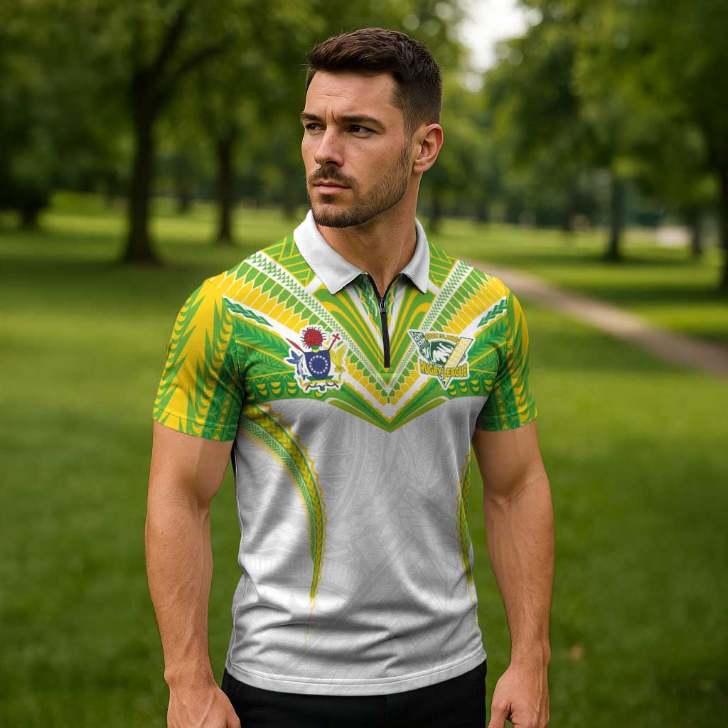 Custom Cook Islands Rugby Zipper Polo Shirt Tatau Art Sport Style White Color