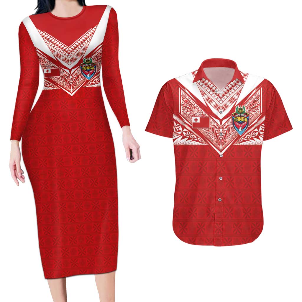 Custom Tonga Rugby Couples Matching Long Sleeve Bodycon Dress and Hawaiian Shirt Ngatu Motifs and Pacific Patterns