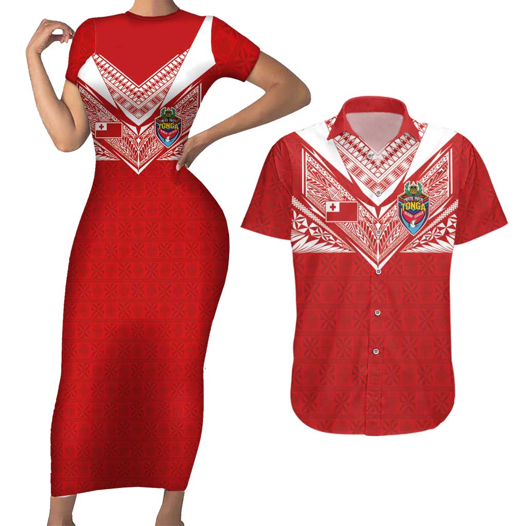 Custom Tonga Rugby Couples Matching Short Sleeve Bodycon Dress and Hawaiian Shirt Ngatu Motifs and Pacific Patterns