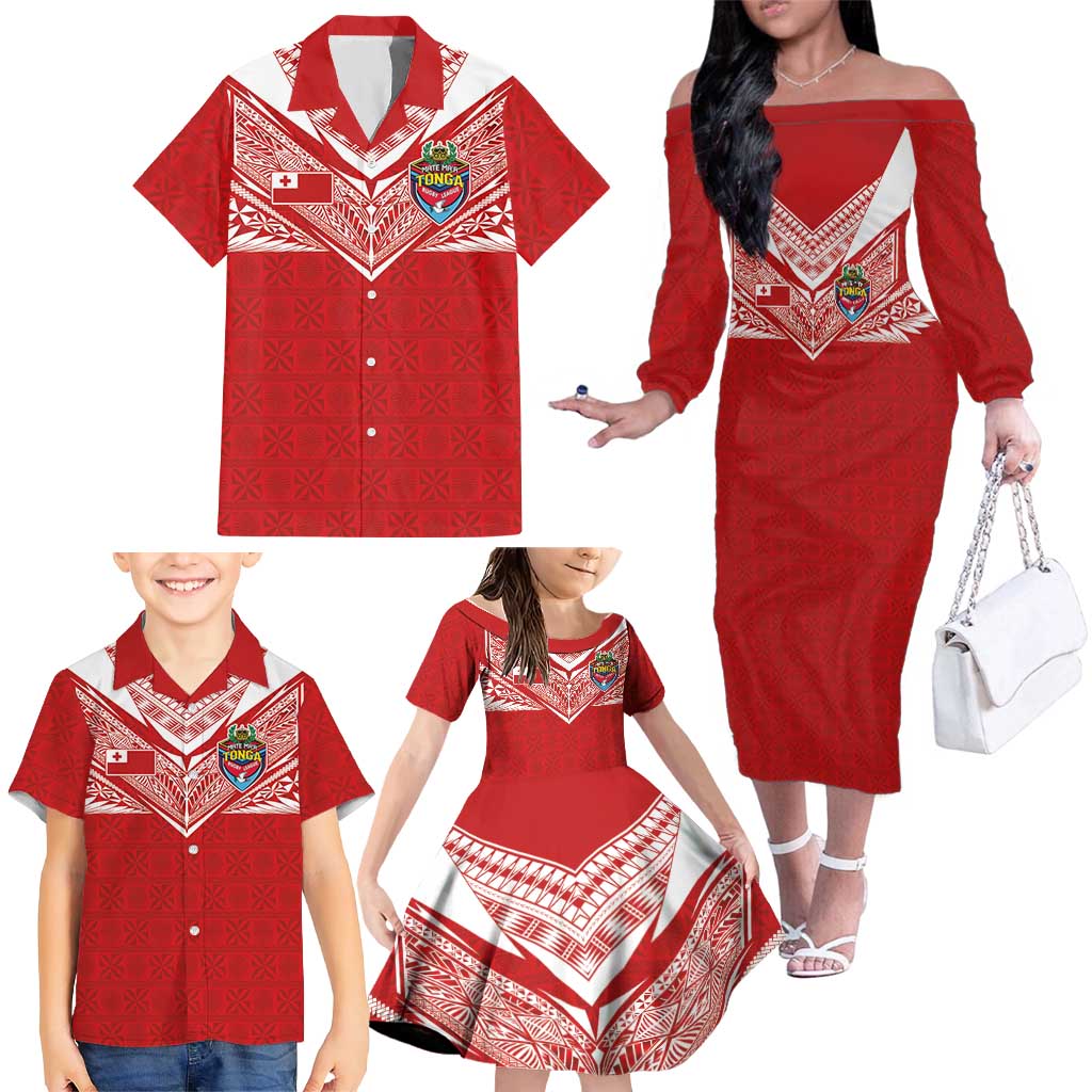 Custom Tonga Rugby Family Matching Off The Shoulder Long Sleeve Dress and Hawaiian Shirt Ngatu Motifs and Pacific Patterns