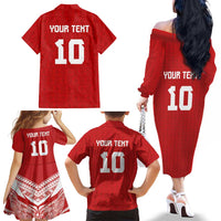 Custom Tonga Rugby Family Matching Off The Shoulder Long Sleeve Dress and Hawaiian Shirt Ngatu Motifs and Pacific Patterns
