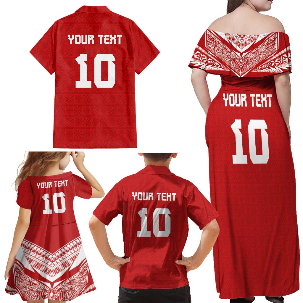 Custom Tonga Rugby Family Matching Off Shoulder Maxi Dress and Hawaiian Shirt Ngatu Motifs and Pacific Patterns