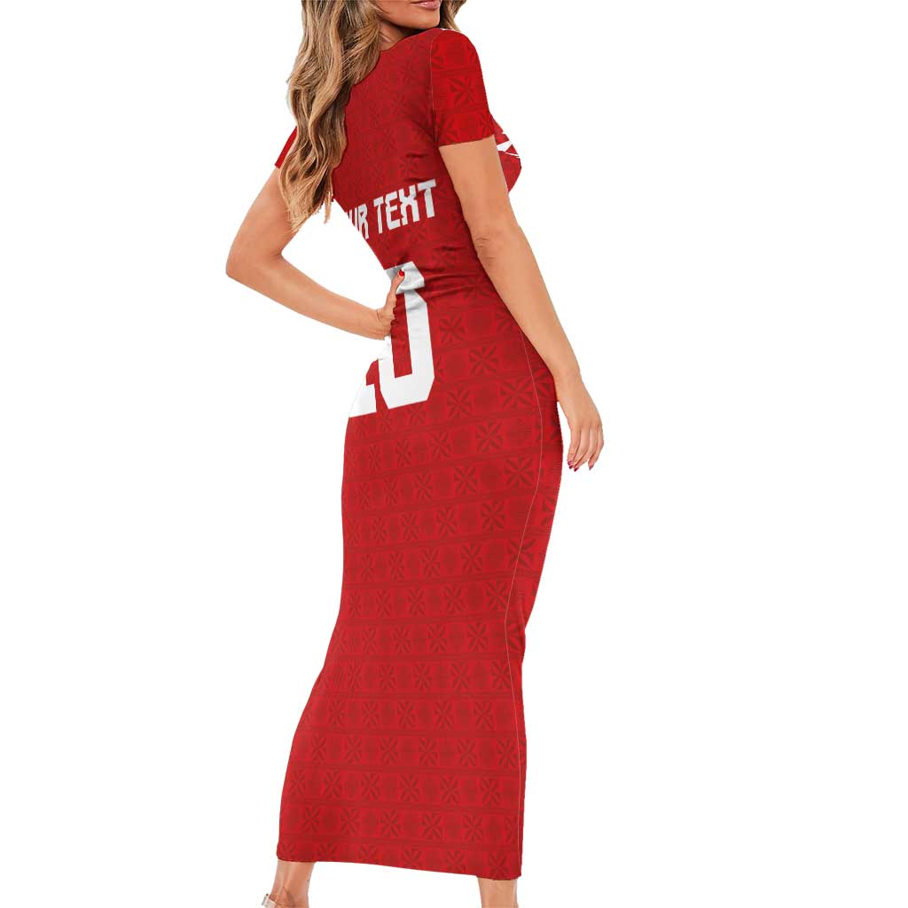 Custom Tonga Rugby Family Matching Short Sleeve Bodycon Dress and Hawaiian Shirt Ngatu Motifs and Pacific Patterns