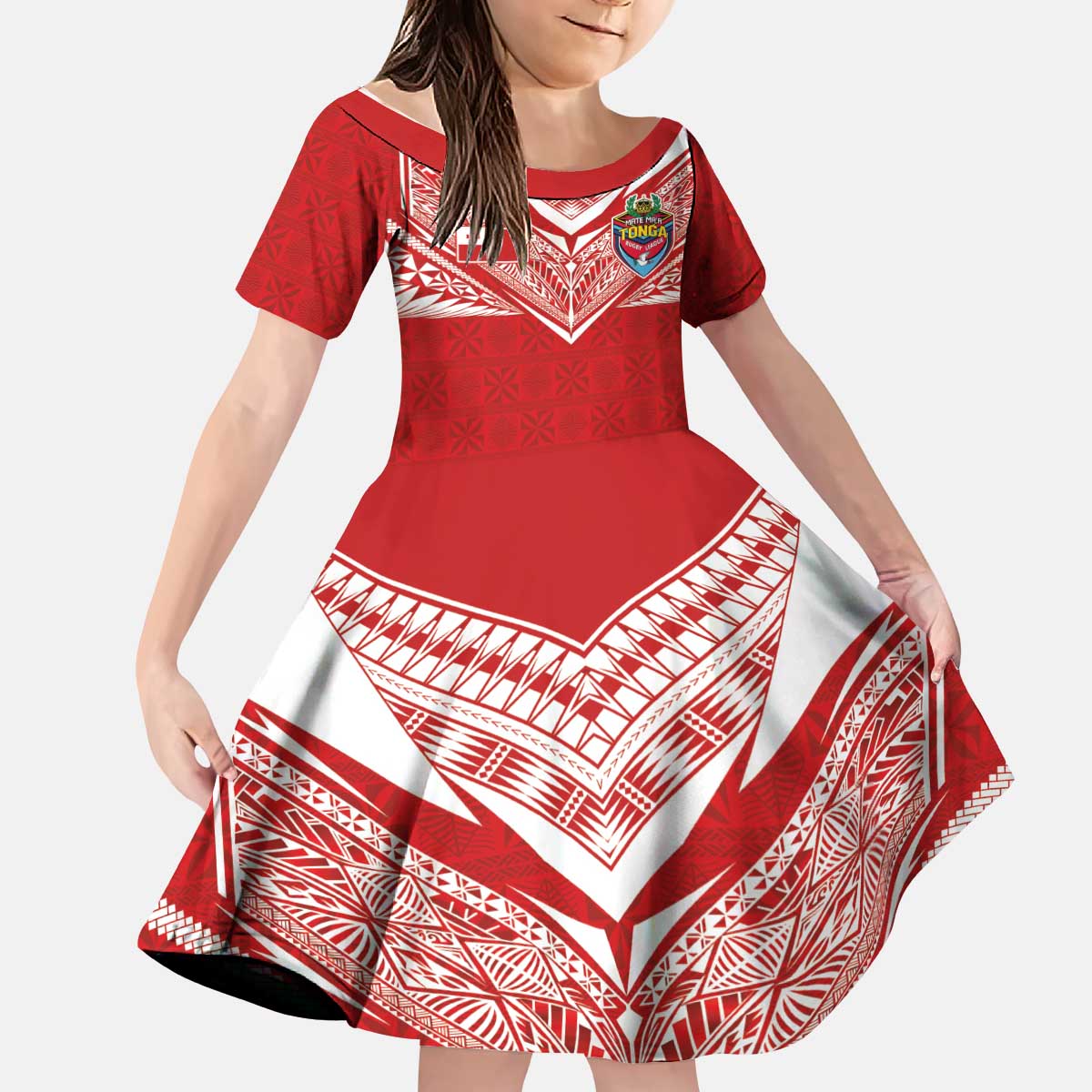 Custom Tonga Rugby Kid Short Sleeve Dress Ngatu Motifs and Pacific Patterns