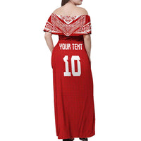 Custom Tonga Rugby Off Shoulder Maxi Dress Ngatu Motifs and Pacific Patterns