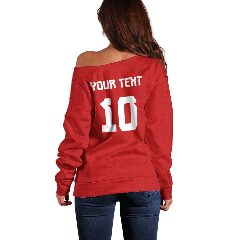 Custom Tonga Rugby Off Shoulder Sweater Ngatu Motifs and Pacific Patterns