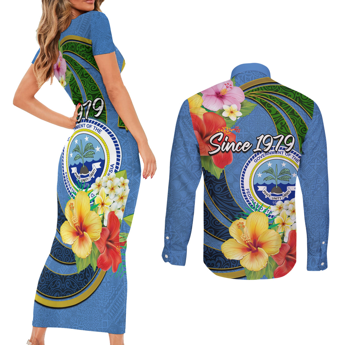 Micronesia Constitution Day Couples Matching Short Sleeve Bodycon Dress and Long Sleeve Button Shirt Hibiscus and Tapa Tribal Pattern LT03 - Polynesian Pride