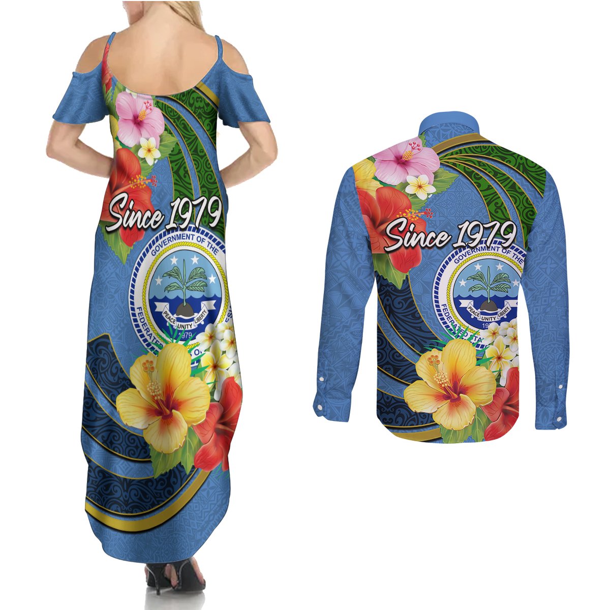 Micronesia Constitution Day Couples Matching Summer Maxi Dress and Long Sleeve Button Shirt Hibiscus and Tapa Tribal Pattern LT03 - Polynesian Pride