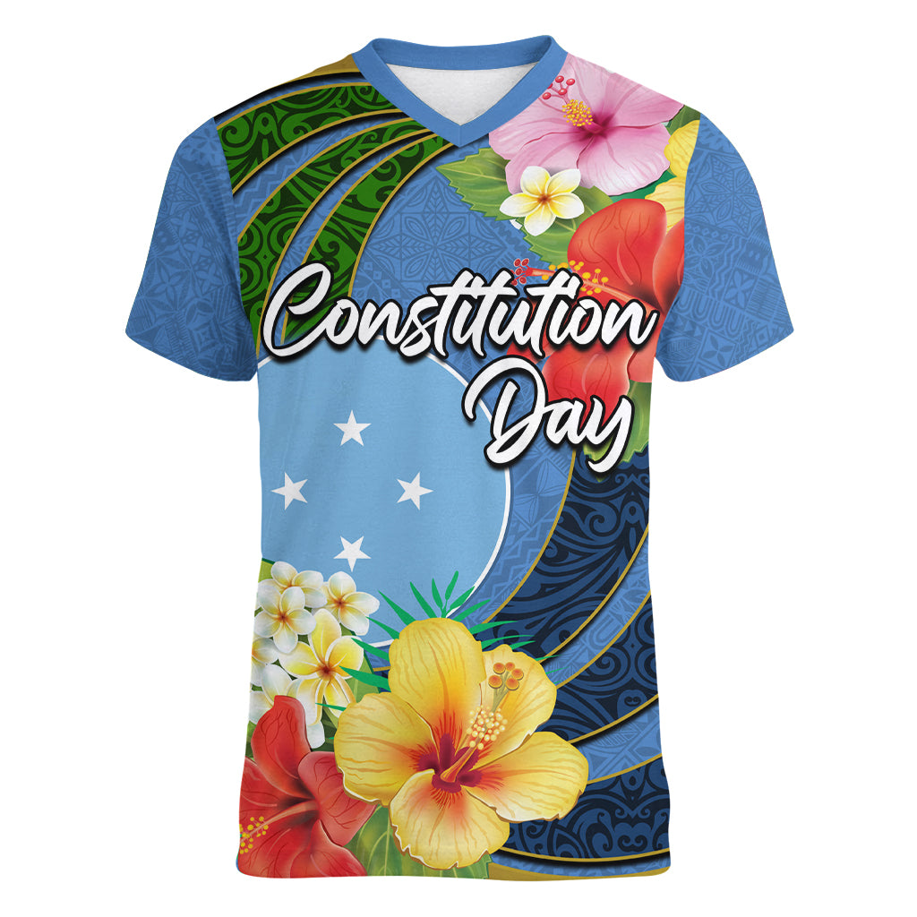 Micronesia Constitution Day Women V Neck T Shirt Hibiscus and Tapa Tribal Pattern LT03 Female Blue - Polynesian Pride