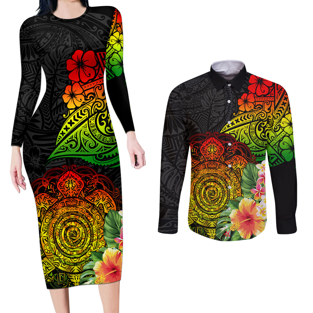 Polynesia Victory Day Couples Matching Long Sleeve Bodycon Dress and Long Sleeve Button Shirt Tribal Turtle and Hibiscus LT03 Reggae - Polynesian Pride