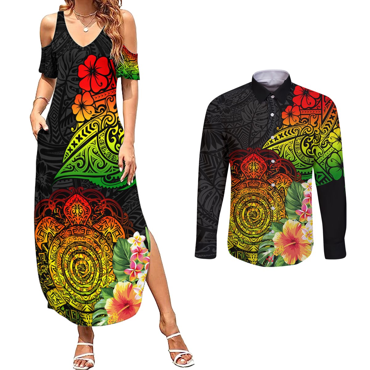 Polynesia Victory Day Couples Matching Summer Maxi Dress and Long Sleeve Button Shirt Tribal Turtle and Hibiscus LT03 Reggae - Polynesian Pride