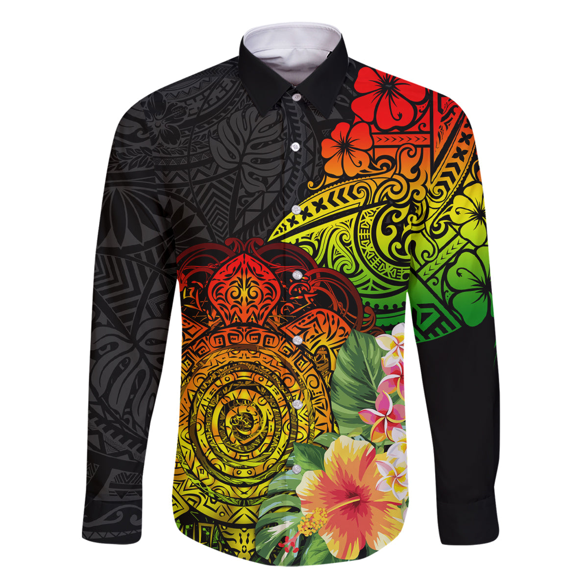 Polynesia Victory Day Family Matching Off Shoulder Maxi Dress and Hawaiian Shirt Tribal Turtle and Hibiscus LT03 Dad's Shirt - Long Sleeve Reggae - Polynesian Pride