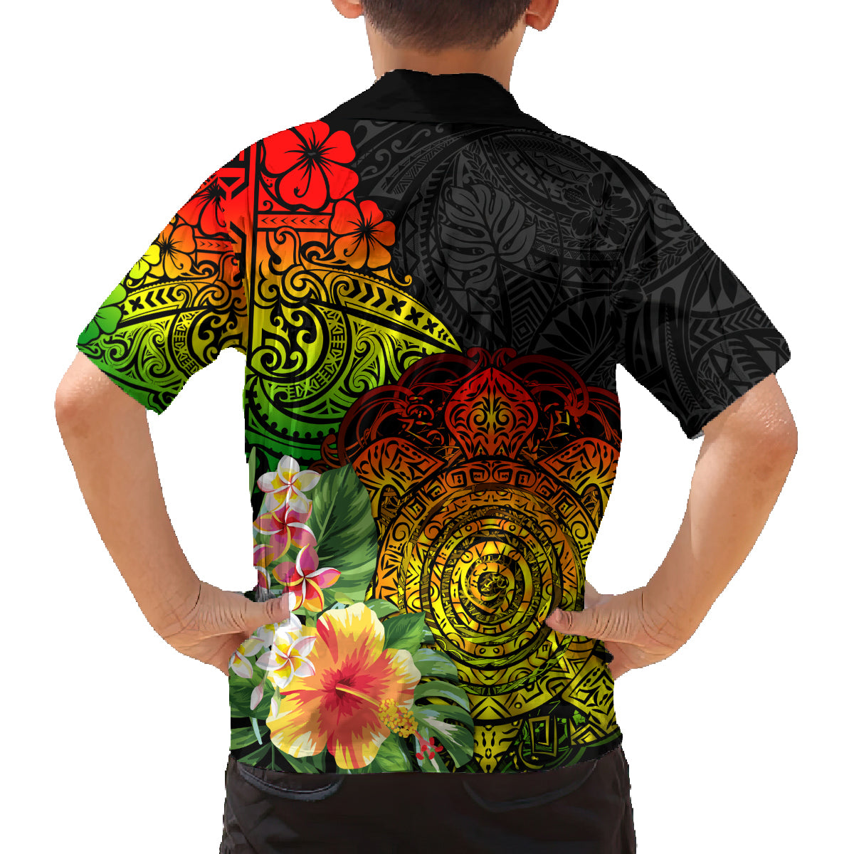Polynesia Victory Day Family Matching Off Shoulder Short Dress and Hawaiian Shirt Tribal Turtle and Hibiscus LT03 - Polynesian Pride