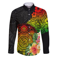 Polynesia Victory Day Family Matching Summer Maxi Dress and Hawaiian Shirt Tribal Turtle and Hibiscus LT03 Dad's Shirt - Long Sleeve Reggae - Polynesian Pride