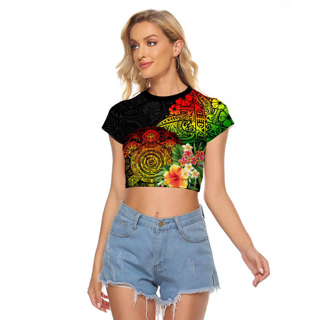Polynesia Victory Day Raglan Cropped T Shirt Tribal Turtle and Hibiscus LT03 Female Reggae - Polynesian Pride