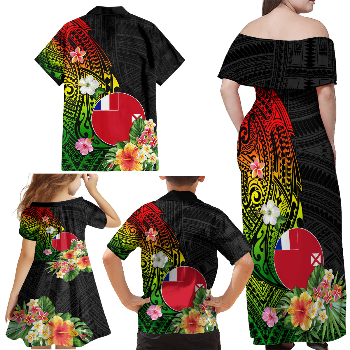 Wallis and Futuna Victory Day Family Matching Off Shoulder Maxi Dress and Hawaiian Shirt Tribal Polynesian Tattoo and Hibiscus Flower LT03 - Polynesian Pride