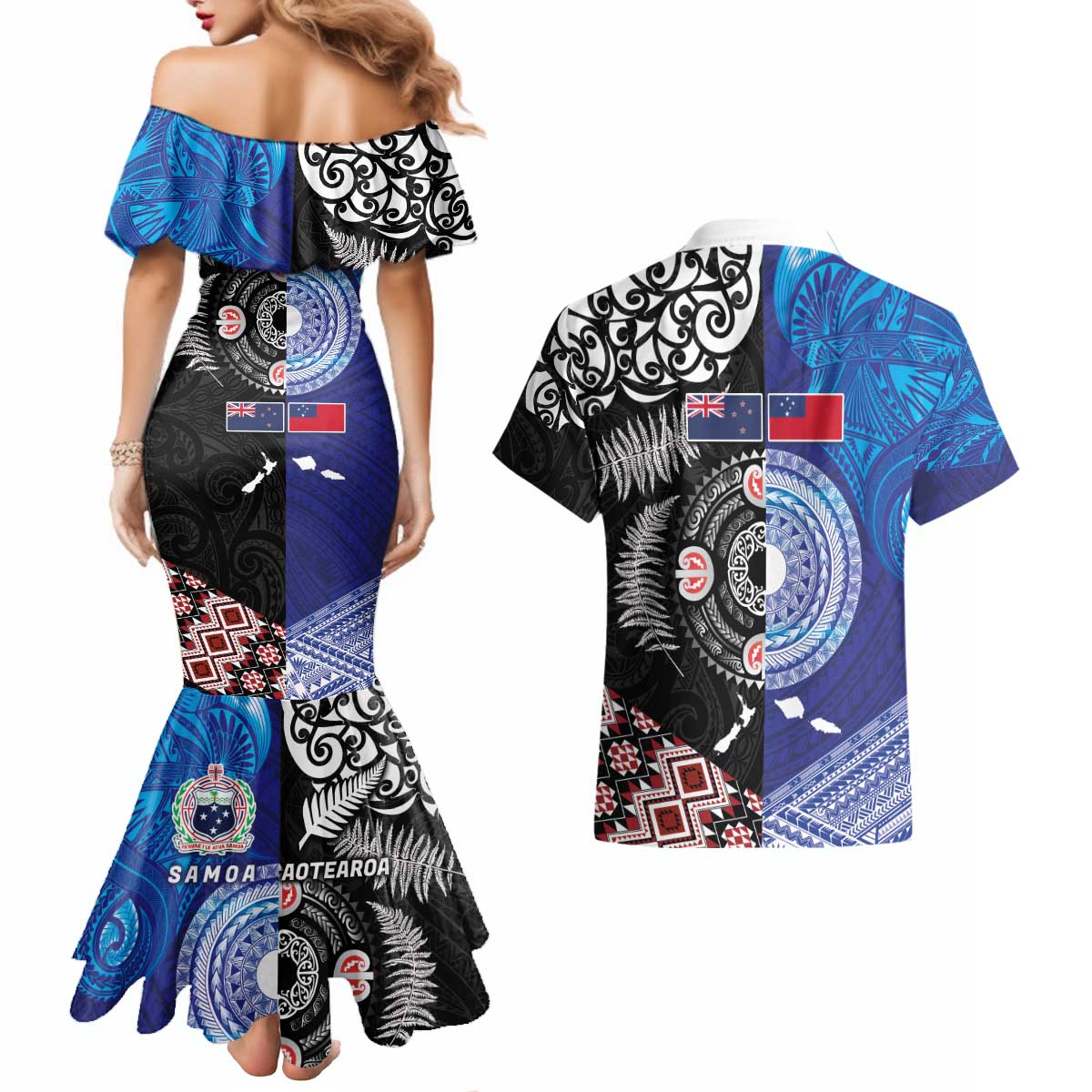 Samoa and Aotearoa Together Couples Matching Mermaid Dress and Hawaiian Shirt Tatau Art Tattoos-Taniko and Maori with Fern