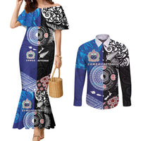 Samoa and Aotearoa Together Couples Matching Mermaid Dress and Long Sleeve Button Shirt Tatau Art Tattoos-Taniko and Maori with Fern