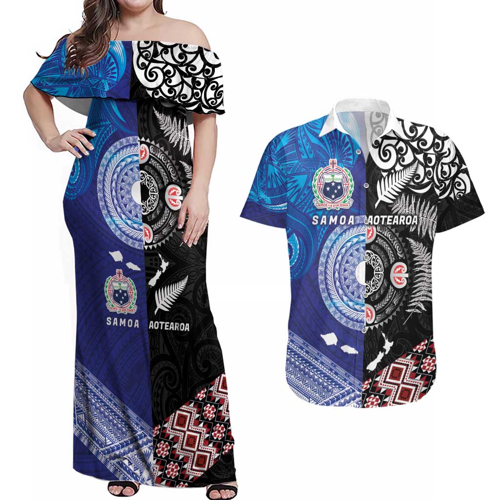 Samoa and Aotearoa Together Couples Matching Off Shoulder Maxi Dress and Hawaiian Shirt Tatau Art Tattoos-Taniko and Maori with Fern LT03 Black - Polynesian Pride
