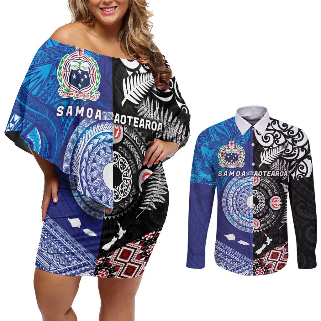 Samoa and Aotearoa Together Couples Matching Off Shoulder Short Dress and Long Sleeve Button Shirt Tatau Art Tattoos-Taniko and Maori with Fern