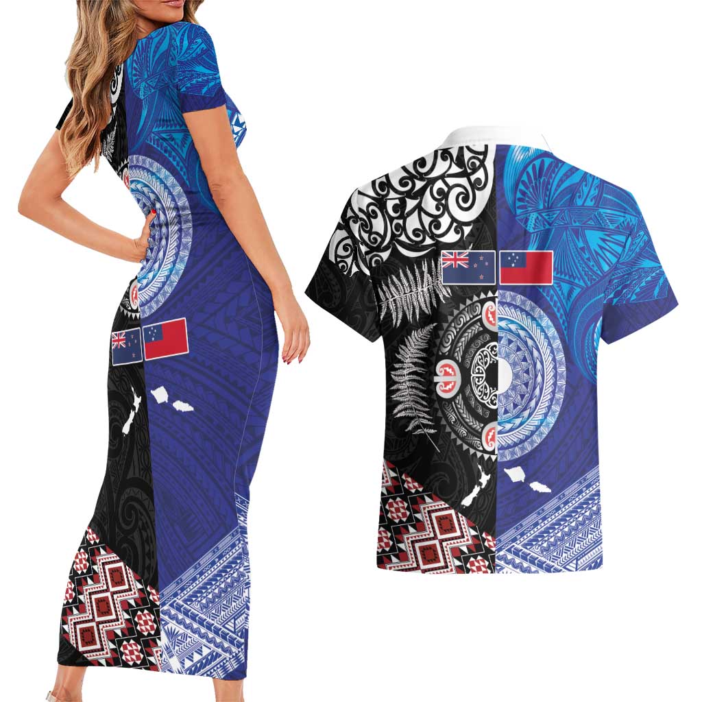 Samoa and Aotearoa Together Couples Matching Short Sleeve Bodycon Dress and Hawaiian Shirt Tatau Art Tattoos-Taniko and Maori with Fern