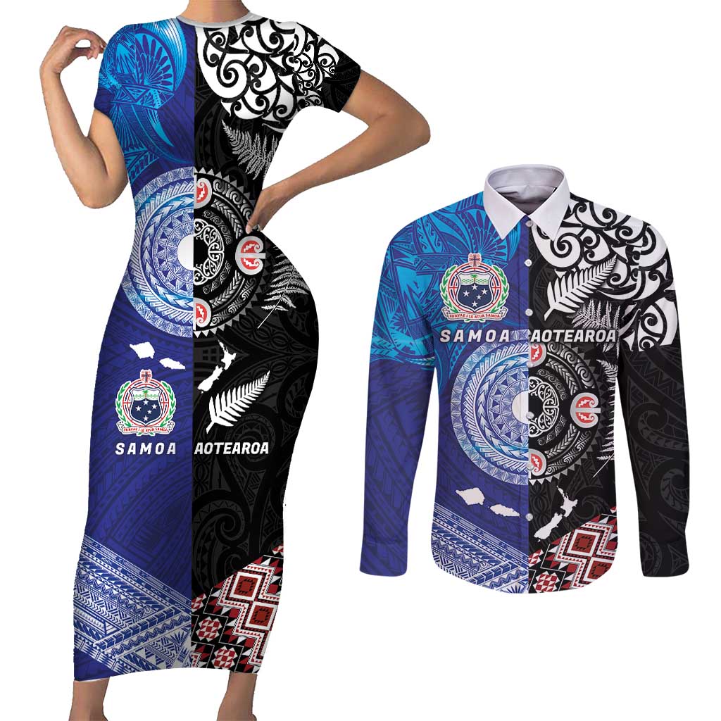 Samoa and Aotearoa Together Couples Matching Short Sleeve Bodycon Dress and Long Sleeve Button Shirt Tatau Art Tattoos-Taniko and Maori with Fern