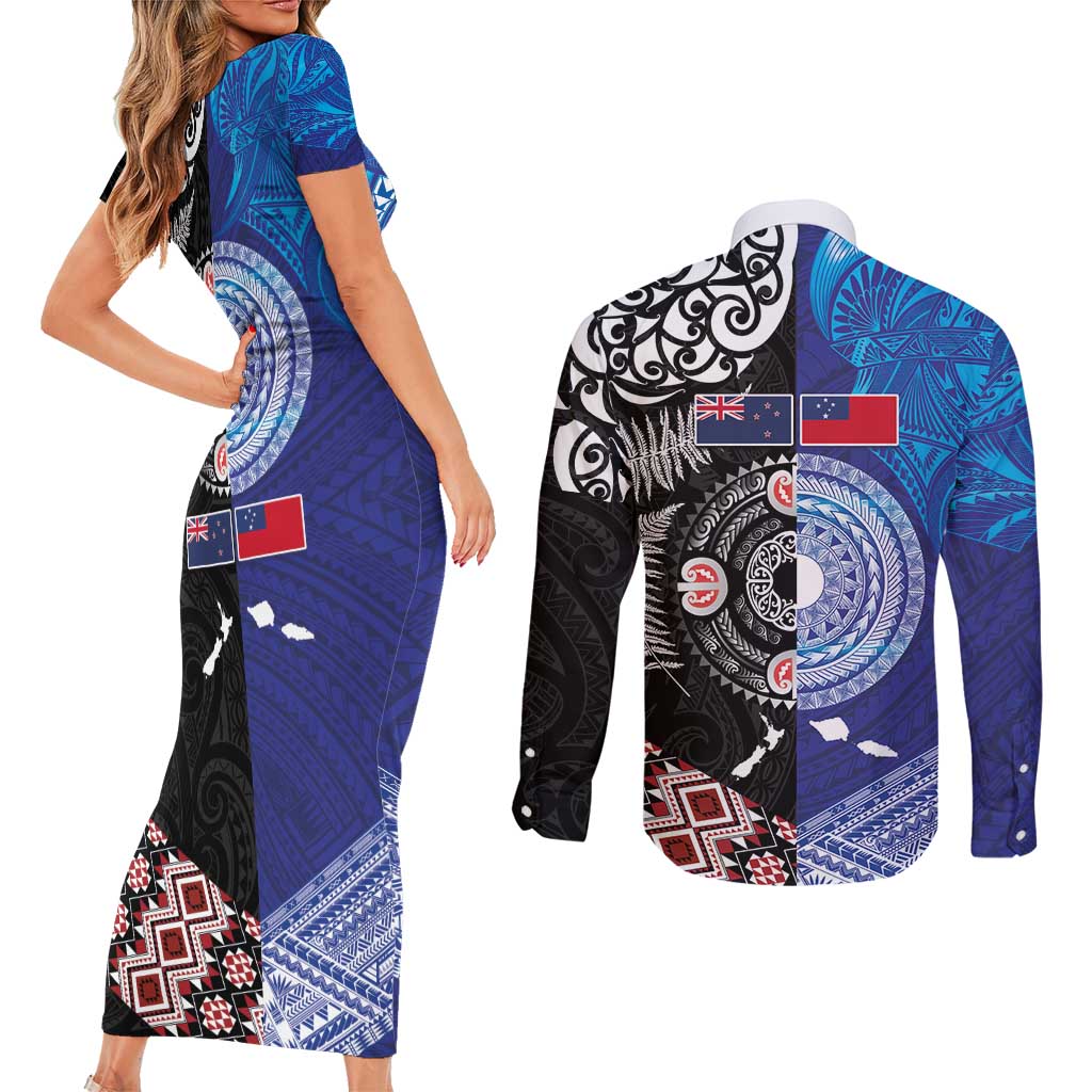 Samoa and Aotearoa Together Couples Matching Short Sleeve Bodycon Dress and Long Sleeve Button Shirt Tatau Art Tattoos-Taniko and Maori with Fern